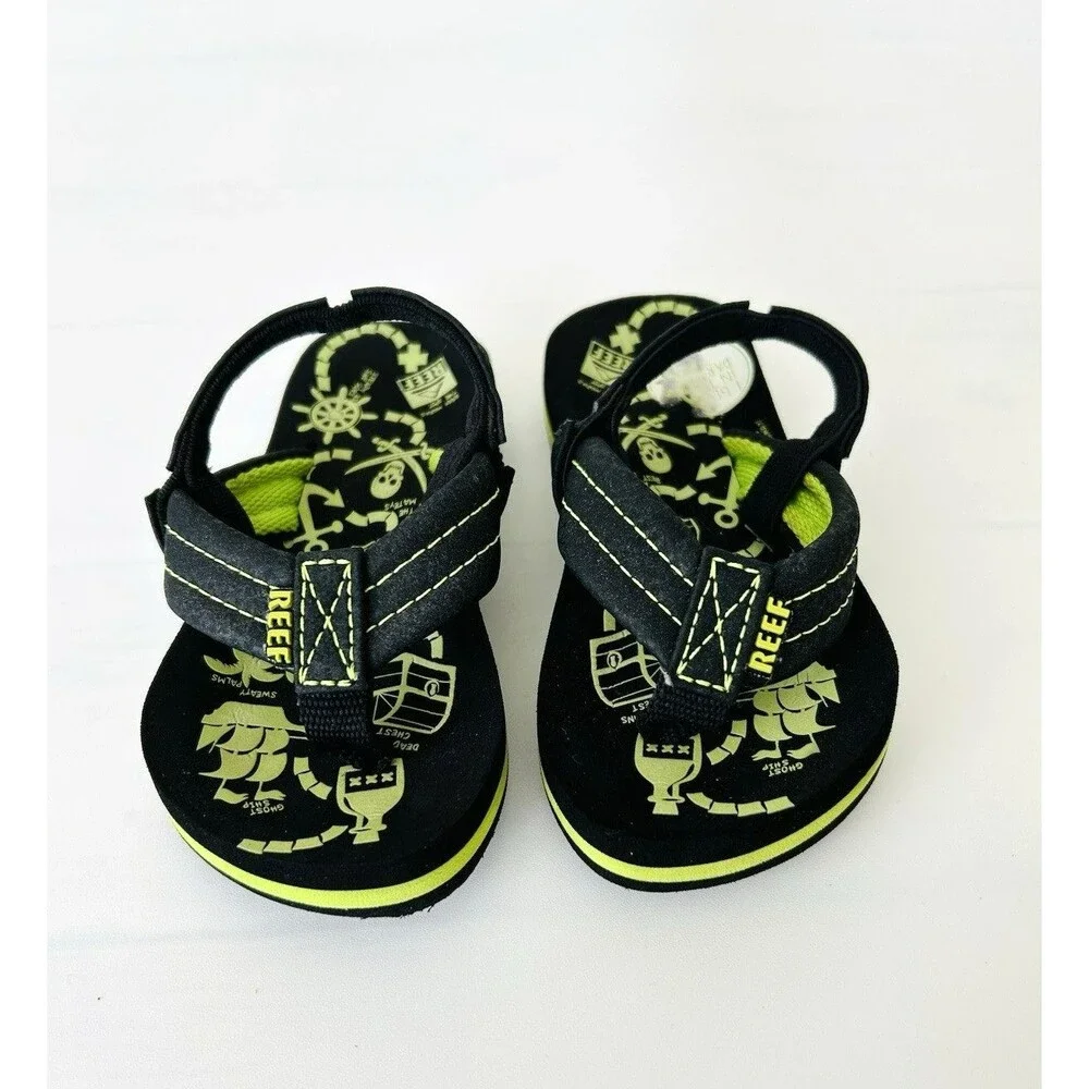 NWOT Reef Toddler Flip Flop Sandal Slip On Black Green Pirate 3/4